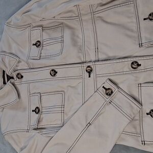 Bandolino Stretch Denim Women's Trench Coat Ivory Brown Mid Length Sz 6